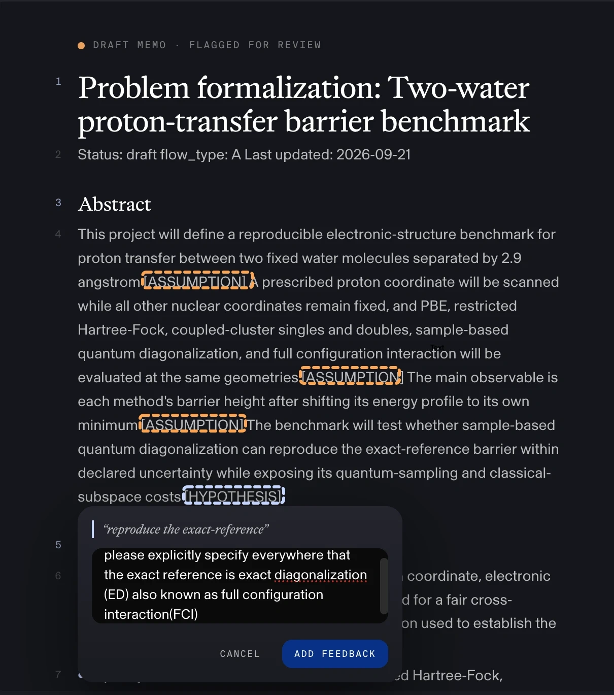 A draft problem-formalization memo flagged for review, with researcher feedback added inline.